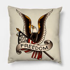 American Traditional Freedom Eagle with Flag -- Choose from our vast selection of throw pillows to match with your desired size to make the perfect custom pillow. Pick your favorite: Movies, TV Shows, Art, and so much more! Available in extra small, small, medium, large. For beds, couches/sofas, love seats, and chairs. Perfect for decoration. Eagle With Flag Tattoo, Eagle With Flag, Flag Pillow, Flag Tattoo, American Traditional, Love Seats, Pillow Design, Custom Pillow, Custom Pillows