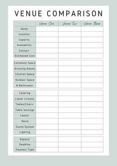 a printable venue comparison sheet with the words venue comparison in black and white on it