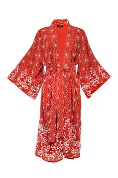 This terracotta coloured fully lined kimono is a statement piece. It features  a traditional Japanese Asanoha all over embroidery with peonies on the hem and sleeves.  The belt has embroidery detail on the tails.  Style this with jeans, shorts or over a dress or wear as a robe around the house. This kimono is super versatile to add endless style to any outfit. The outer fabric and lining are 100% Viscose.  Dry clean only. Ceremonial Clothing, All Over Embroidery, Stocking Fillers For Her, Long Kimono, Traditional Japanese, Embroidery Details, Fashion Jewellery, Independent Designers Fashion, Jacket Sale