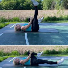 a woman is doing an exercise on a mat in the middle of a grassy field