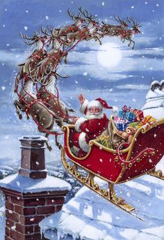 a santa claus sleigh with his reindeers and presents in the sky above him