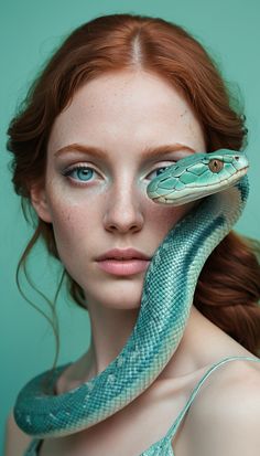 a woman with red hair and blue eyes holds a green snake around her neck in front of her face