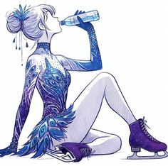 a drawing of a woman sitting on the ground drinking from a water bottle while wearing roller skates