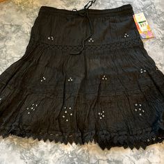 Woman’s Size Large Black Skirt. Nwt Nice Gauze Like Cotton Material With Sequence And Lace Bottom Trim. Skirt Has A Short Lining. Very Pretty. Black Short Skirt For Vacation, Black Mini Skirt For Vacation, Black Cotton Beach Skirt, Beach Black Cotton Skirt, Fairycore Skirts, Lime Green Skirt, Grunge Skirt, Denim Skirts Knee Length, Short Black Skirt