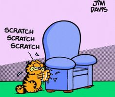 a cartoon cat sitting in front of a blue chair with the caption scratch scratch scratch scratch scratch