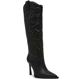 Steve Madden Kinzee Leather Stiletto Western Tall Boots | Dillard's Heeled Boots Knee High, Tall Black Western Boots, Western Black Calf Leather Heeled Boots, Black Leather Boots Western, Heeled Cowboy Boots, High Heel Cowboy Boots, Western Black Leather Knee-high Boots, Womens Fall Boots, Boot Hill