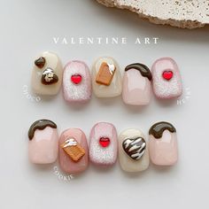 Food Nails, Custom Nails, Gel Press On Nails, Nails Cute, Korean Nails, Gel Press, Design Nails, Valentines Art