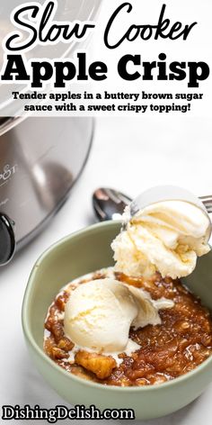 an apple crisp is served in a bowl with ice cream on top and the words slow cooker apple crisp above it