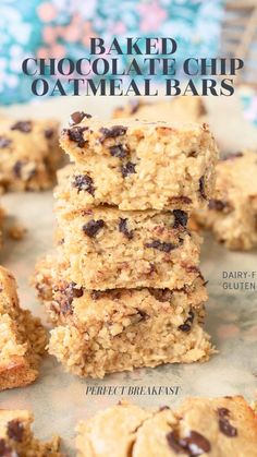 baked chocolate chip oatmeal bars stacked on top of each other with text overlay