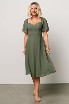 Colette Sweetheart Midi Dress | Dark Sage - Baltic Born Bridesmaid Midi Dress With Sweetheart Neckline And Ruffles, Elegant Chiffon Dress With Square Neck, Formal Square Neck Chiffon Dress, Formal Chiffon Dress With Square Neck, Chiffon Square Neck Dress For Date Night, Fitted Chiffon Midi Dress With Square Neck, Feminine Solid Color Bridesmaid Dresses, Flowy Square Neck Formal Dress, Formal Flowy Square Neck Dress