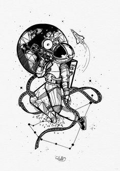 a drawing of an astronaut in space holding a telescope and looking at the stars on paper