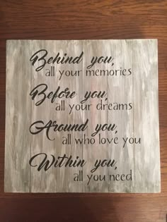 a wooden sign that says behind you, all your memories before you dreams around you