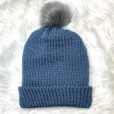 New, Knit Hat, 100% Acrylic Yarn With Faux Fur Pom Pom. Can Be Folded Over Or Worn Slouchy, Adult Size, Measurements In Photos Blue Knit Beanie For Winter, Blue Knit Beanie Hat, One Size Gray Crochet Hat For Fall, Blue Knit Beanie Cap, Blue Knit Beanie For Cold Weather, Blue Soft Knit Beanie For Fall, Warm Gray Crochet Hat For Fall, Blue Acrylic Yarn Winter Hat, Gray Knit Beanie One Size