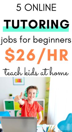 a young boy sitting in front of a laptop computer with the text 5 online sewing jobs for beginners $ 26 / hr teach kids at home