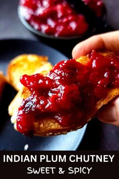 a hand holding a piece of bread with cranberry sauce on it