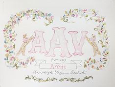 a watercolor drawing of the name aav with animals and flowers on white paper