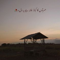 an empty gazebo in the middle of a field with birds flying over it at sunset