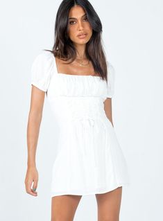 Fauci Mini Dress White Lined Fitted Off-shoulder Dress, Fitted Off-shoulder Lined Dress, Casual Fitted Dress With Straight Neckline, Fitted Mini Length Sundress With Tie Back, Fitted Mini Sundress With Tie Back, Fitted Sundress With Smocked Back For Date Night, Fitted Off-shoulder Sundress Midi Dress, Casual Fitted Mini Dress With Straight Neckline, Flirty Fitted Dress With Tie Back