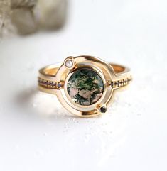 Aspen Oval Moss Agate Ring – Capucinne Jewelry Saturn Ring, Planet Ring, Unique Engagement Ring Settings, Moss Agate Engagement Ring, Celestial Ring, Ring Rosegold, Agate Engagement Ring, Moss Agate Ring, Rutile Quartz