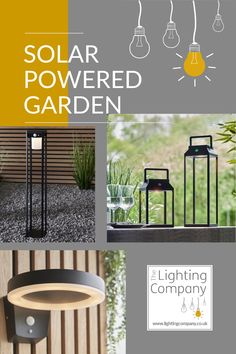 the solar powered garden light is shown in three different images