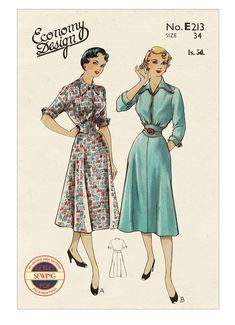 A great example of a late 1940s dress. The bodice  has a two-part front with modesty panel, a single  button at the neck, a collar and a choice of short  or three-quarter length sleeves that are trimmed  with a cuff. The bodice joins the four-part skirt by way of a  shaped girdle at the front and a waistband at the  back with a left side placket opening. Fabric suggestions include: Fine woollens, Rayon,  Linen To fit Bust 34 ins. Waist 28 ins. and hip 37ins. Step by Step instructions included al Late 1940s Fashion, Retro Short Sleeve Vintage Dress For Work, Retro Vintage Short Sleeve Workwear Dress, Retro Vintage Short Sleeve Dress For Work, Collared Fitted Vintage Dress In 1950s Style, Fitted 1950s Style Collared Vintage Dress, 1950s Style Fitted Collared Vintage Dress, Fitted Retro Button-up Vintage Dress, Vintage Fitted Collared Dress, 1950s Style