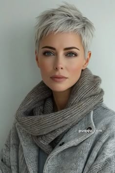 Stunning Pixie Haircuts to Rock Your Gray Hair - Puqqu Short Hair At 50, Women’s Short Pixie Haircuts, Fauxhawk Pixie For Women, Short Gray Pixie Haircuts, What To Wear With Grey Hair, Bright Blonde Hair Short, Short Pixie Grey Hair, Pixie Cuts For Round Faces Plus Size, Pixie Cuts For Square Faces