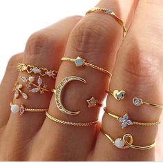 Gold Crystal Ring Set With Moon & Star, Heart & Floral. *10 Rings *Zinc Alloy Stackable Ring Sets, Moon And Star Ring, Nail Ring, Vintage Style Rings, Trendy Ring, Party Rings, Knuckle Rings, Rhinestone Ring, Gold Ring Stack