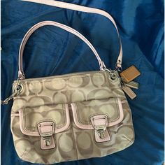 Women’s Coach, Rare Vintage, Handbag, Tan, And Pink In Like New Condition In&Out No Rips, No Tears No Snags With Three Coach, Emblems And Shoulder Strap Vintage Pink Coach Bag, Vintage Coach Purses, Vintage Coach Purse, Pink Coach Bag, Im Rich, Bag Wishlist, Camo Purse, Vintage Coach Bag, Purse Essentials