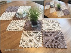 crocheted placemats on a table with a potted plant in the middle