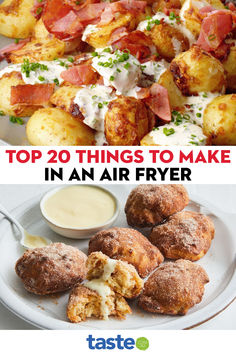 the top 20 things to make in an air fryer, including potatoes and bacon