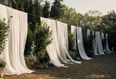 an outdoor area with white curtains and plants