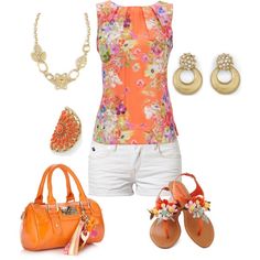 Golden GIrl by jade-illeck on Polyvore Casual Summer Outfits, Pleated Neckline, Orange Top, Light Spring, Golden Girl, Best Jewelry, Gold Floral, Orange Gold