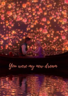 the princess and the frog are sitting in a boat with lanterns floating above them that read, you were my new dream