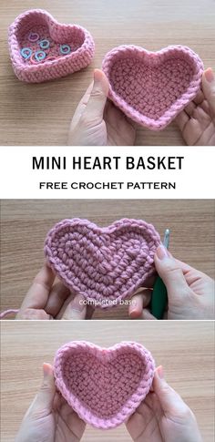 crochet heart basket is shown with instructions to make it in the shape of a heart