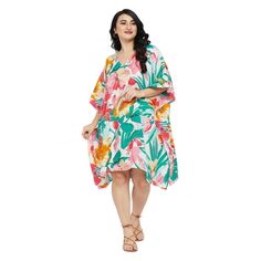 Oussum Women's Plus Size Kaftan Short Tunic  Sleeve Kimono Caftan Dresses Online. Our Short women tunic plus size dress makes a fashion statement wherever you go. You will look gorgeous in this printed caftan dress wear our flower print kaftan that is cozy and comfortable for casualwear or party wear all day long. Tailored in smooth polyester material featuring a V-neck line and  kimono sleeves. This multicolor beach Cover up caftan makes for one of the marvelous creations in the fashion industr Green Floral Print Tunic For Vacation, Green Floral Print Vacation Tunic, Multicolor Loose Dress For Vacation, Loose Multicolor Dress For Vacation, Oversized Green Tunic For The Beach, Oversized Green Tunic For Beach, Loose Multicolor Vacation Dress, Casual Floral Print Free Size Kaftan, Floral Print Short Sleeve Tunic For Vacation