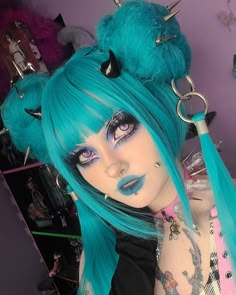 Haeli | I've been told this look is giving goth miku vibes and tbh I definitely see it 🩵 Product highlights~ Wig: @youvimi wig - yv6666 Contacts:… | Instagram Pink Halloween Ideas Costumes, Pastel Blue Goth Outfits, Cybergoth Hairstyles, Youvimi Wig, Goth Miku, Miku Wig, Pastel Goth Makeup, Hairstyle References, Scene Bangs