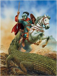 a man riding on the back of a white horse next to a crocodile in front of him