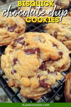 chocolate chip cookies on a cooling rack with text overlay