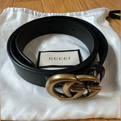 Never Worn Gucci Double G Wide Belt, With Dust Bag. Size 105. Black With Gold Hardware. Dg Belt, Gucci Accessories, Wide Belt, Gucci Black, Leather Belt, Gold Hardware, Belts, Dust Bag, Women Accessories