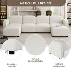 the sectional sofa is shown in white fabric and features different types of pillows, footstools