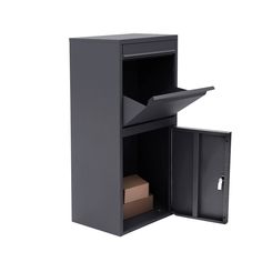 an open black cabinet with some items in it