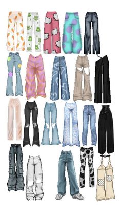 a bunch of different types of jeans and pants with holes on the side, all in different