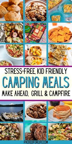 Fifteen make ahead camping meals for families, stress free. Pancakes, pasta salad, rosted pecans, granola bars, muffins, foil stew, kids charcueterie board, granola, egg bites Camp Stove Recipes, Camping Meals Easy, Easy Camping Food, Easy Camping Dinners, Camping Recipes Breakfast, Camping Meals For Kids, Easy Camping Breakfast, Camping Food Ideas