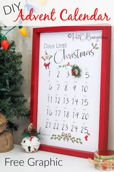 a christmas calendar is displayed in front of a tree