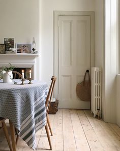 a table with a blanket on it in front of a fireplace