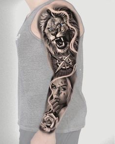 a man with a tattoo on his arm that has a lion and clock in it