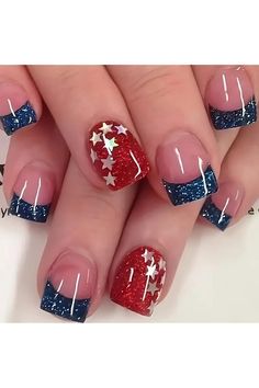 24PCS Short Square Press on Nails, Independence Day Fake Nails, 4th of July Press on Nails Blue with Star Acrylic Full Cover Glossy July Fourth False Nails Removable Stick on Nails for Women and Girls Flakes Nail Art, 4th Of July Nail Art, Nail Flakes, Stars Designs, 4th Of July Nail, Decals For Women, Square French, Press Nails, Nail Sequins