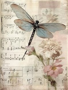 a blue dragonfly sitting on top of a flower next to music sheets and flowers