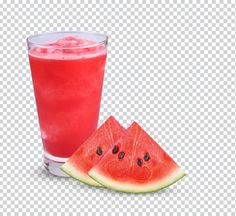 a watermelon slice next to a glass of juice on a white background with clippings