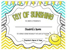 a certificate with the words ray of sunshine in yellow and blue, on a chevron background